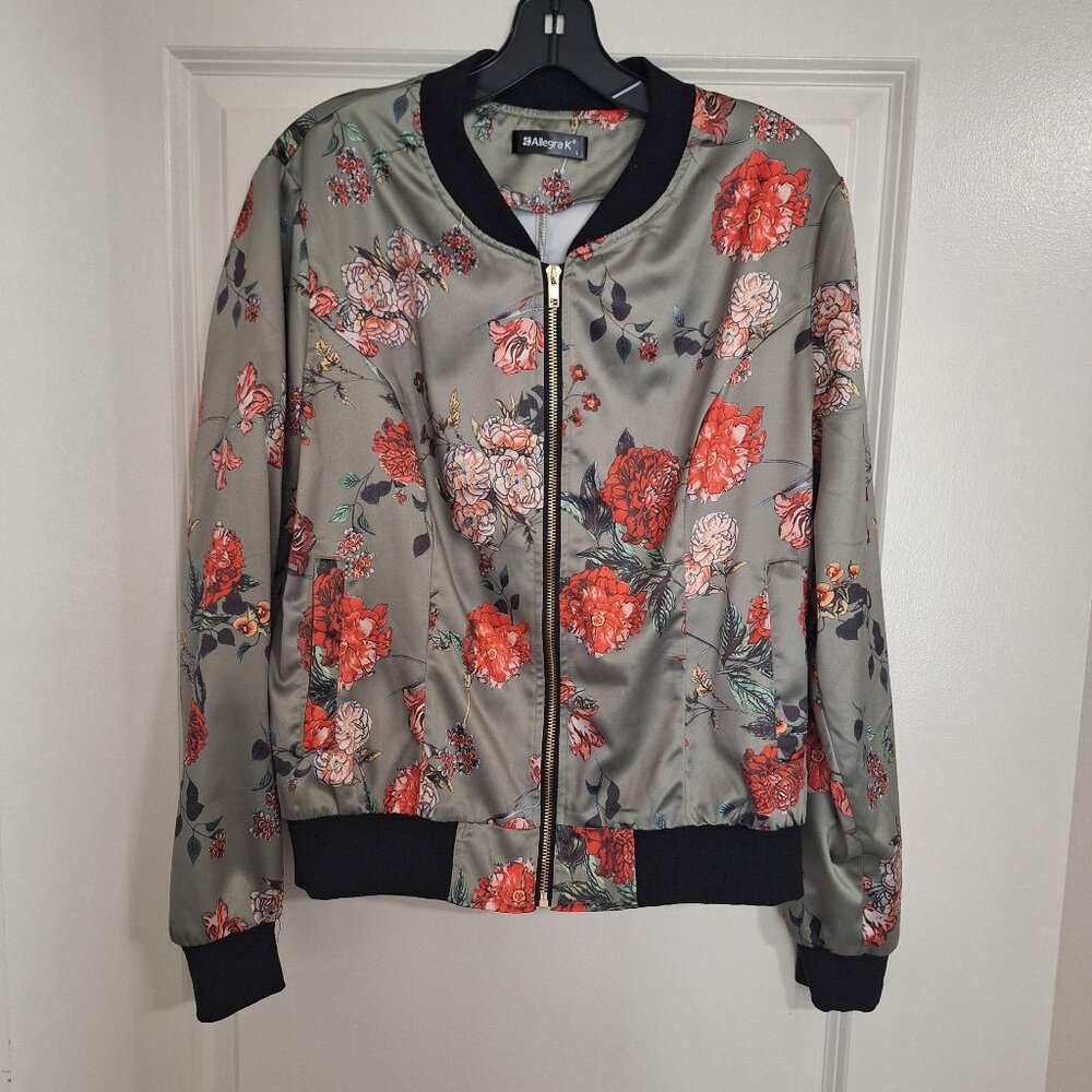 Allegra K Floral Satin Bomber Jacket